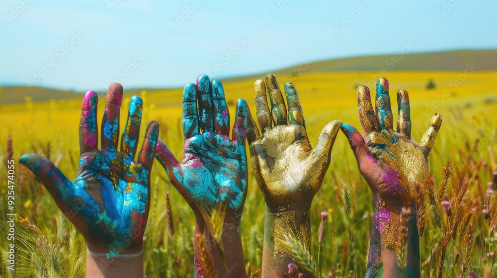Obraz premium Hands in metallic paint on bright field show unity and progress in futuristic world