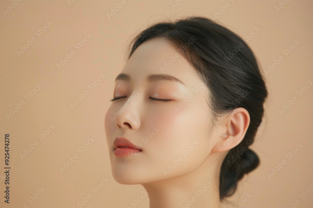 A serene and beautiful Asian woman with closed eyes, focusing on her face in a state of relaxation or meditation. Her skin glows, suggesting a theme of skincare or wellness. A serene and beautiful Asian woman with closed eyes, focusing on her face in a state of relaxation or meditation. Her skin glows, suggesting a theme of skincare or wellness.