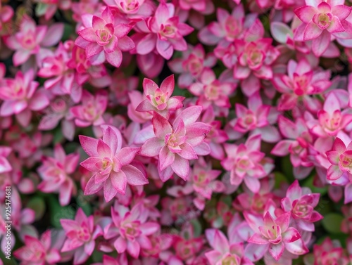 Bright, close-up of pink flowers with green foliage