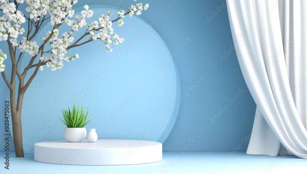 3D Podium for Product Presentation Pastel Blue Background White Curtains Circular Mirror 3D Podium for Product Presentation Pastel Blue Background White Curtains Circular Mirror