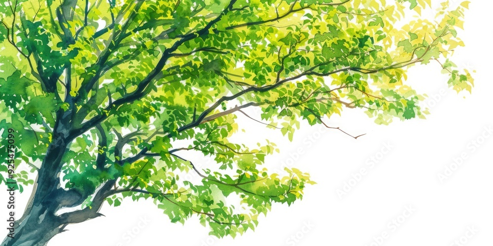 Fototapeta premium Colorful watercolor tree with a clear sky background.