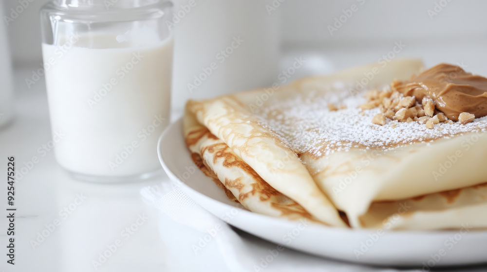 Soft crepes garnished with a dollop of butter and a sprinkle of powdered sugar, served on a pristine white plate. Perfect for savory or sweet cravings. Soft crepes garnished with a dollop of butter and a sprinkle of powdered sugar, served on a pristine white plate. Perfect for savory or sweet cravings.