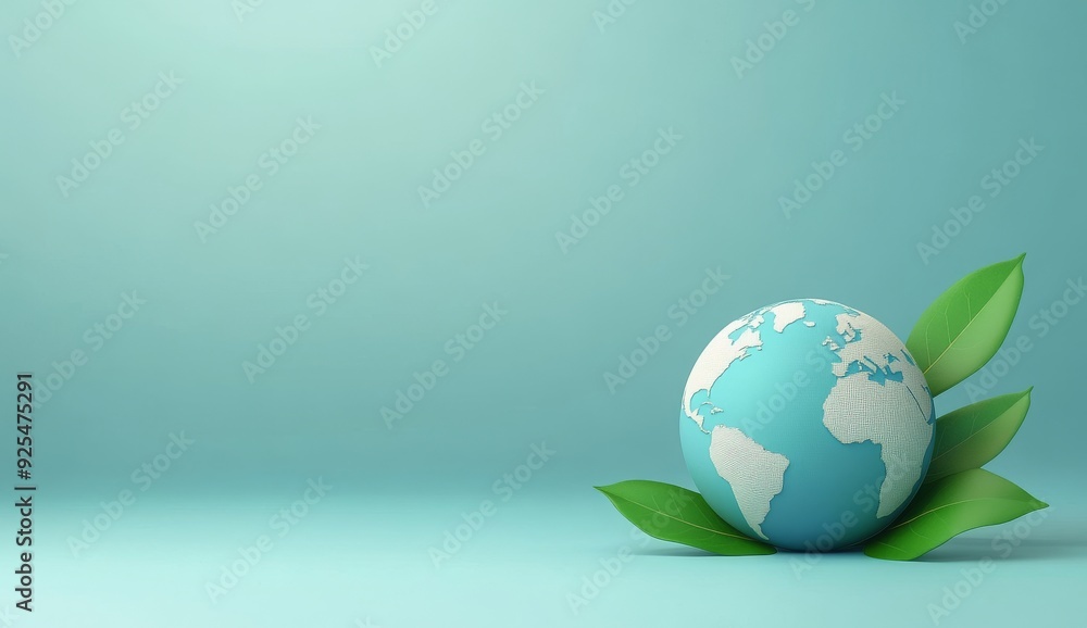 3D Earth with Green Leaves on Blue Background World Environment 3D Earth with Green Leaves on Blue Background World Environment