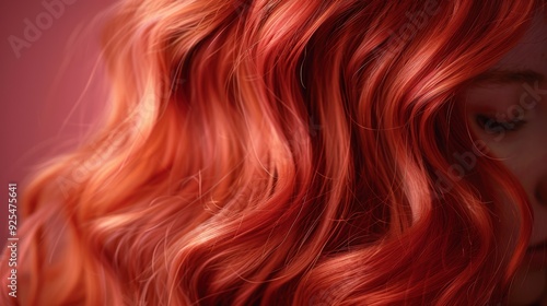 Close-up of vibrant wavy orange hair against a soft pink background, showcasing color and texture in a studio setting