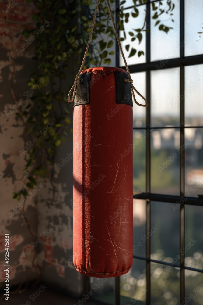 A red boxing glove hanging up by a window with sunlight coming through. A red boxing glove hanging up by a window with sunlight coming through.