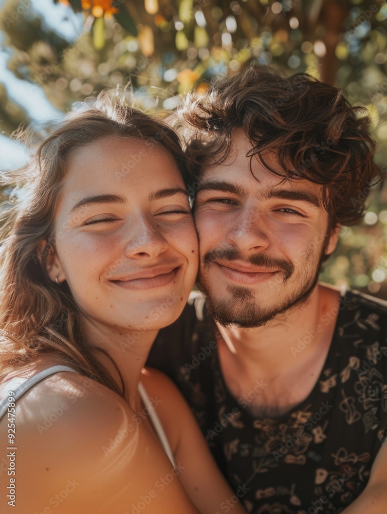 Young couple embracing in nature, smiling brightly at the camera, enjoying an outdoor adventure together. Young couple embracing in nature, smiling brightly at the camera, enjoying an outdoor adventure together.