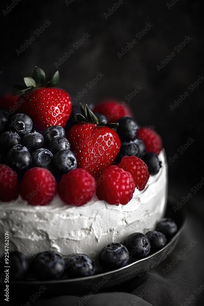 A close up of a delectable fruit cake, adorned with fresh blueberries and raspberries. Perfect for celebrations or as a healthy dessert option. A close up of a delectable fruit cake, adorned with fresh blueberries and raspberries. Perfect for celebrations or as a healthy dessert option.