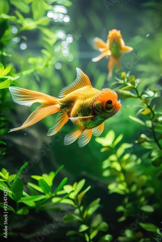 Vivid yellow fish in natural aquatic environment, underwater swimming near green plants.