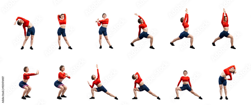 Healthy and active young woman in sportswear with different professional fitness posture set of yoga training session. Meditation yoga exercise on isolated background in gaiety full body length shot. Healthy and active young woman in sportswear with different professional fitness posture set of yoga training session. Meditation yoga exercise on isolated background in gaiety full body length shot.