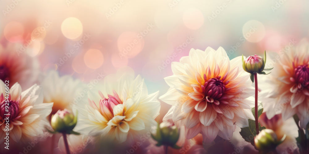 Obraz premium Dahlia flowers. Dahlias Background. Beautiful Floral Background for Greeting card for Birthday, Mother's day, Women's day, Wedding