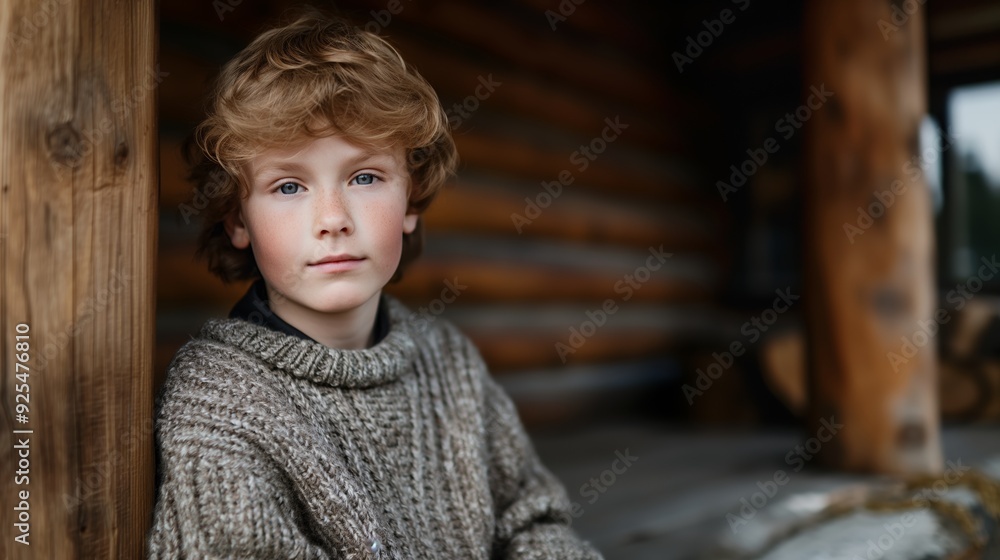 A young boy in a cozy knitted sweater stands near a rustic wooden cabin, exuding warmth and a sense of adventurous innocence in nature. A young boy in a cozy knitted sweater stands near a rustic wooden cabin, exuding warmth and a sense of adventurous innocence in nature.