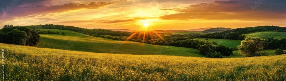 Fototapeta premium Beautiful sunset over rolling hills covered in green fields and yellow flowers.