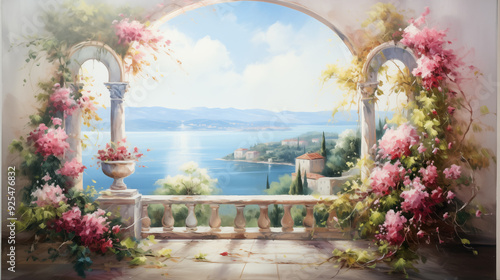 Stone arch decorated with flowers, view from the arch - wide river and hills.
