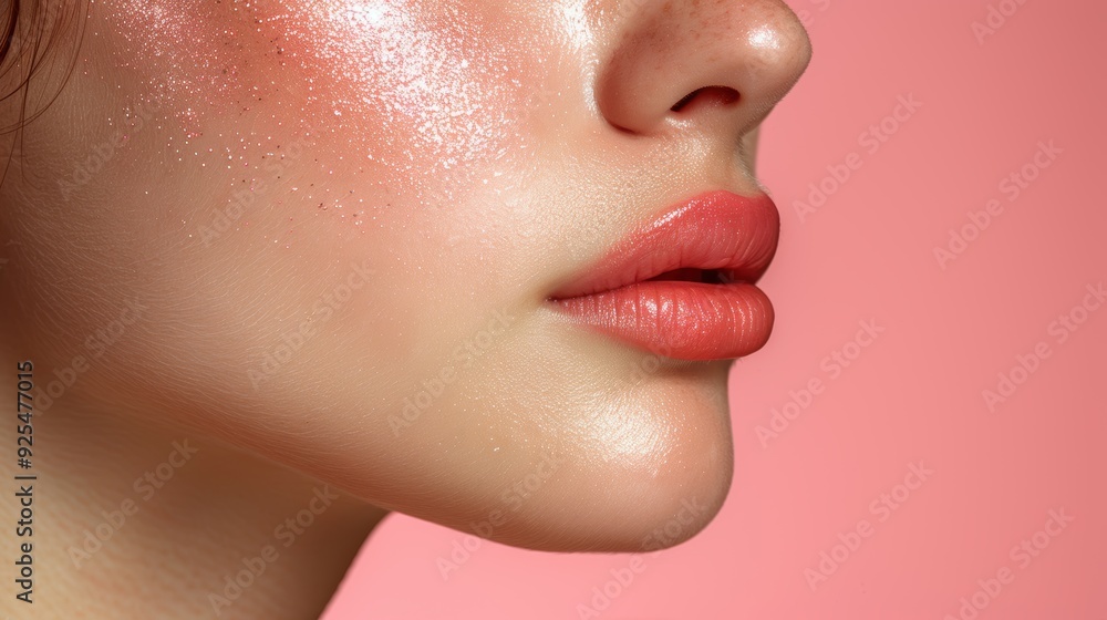 Obraz premium Close-up of a woman’s radiant skin and perfectly shaped lips against a soft pink background