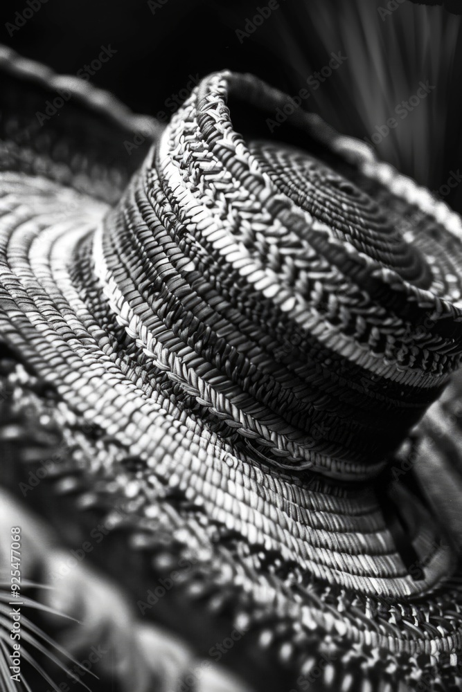 Obraz premium Close up of a sombrero hat with beaded trim and straw elements. Fashion accessory.