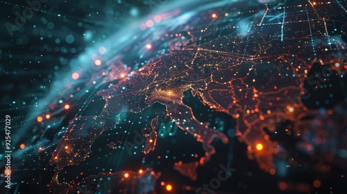 High-tech digital network over Europe map, with circuit board and binary code background. Modern technology symbolizing internet communication infrastructure.