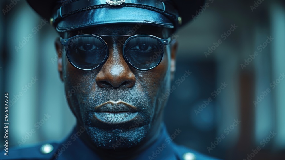 A focused police officer stands alert in a dark uniform on a city street during dusk A focused police officer stands alert in a dark uniform on a city street during dusk
