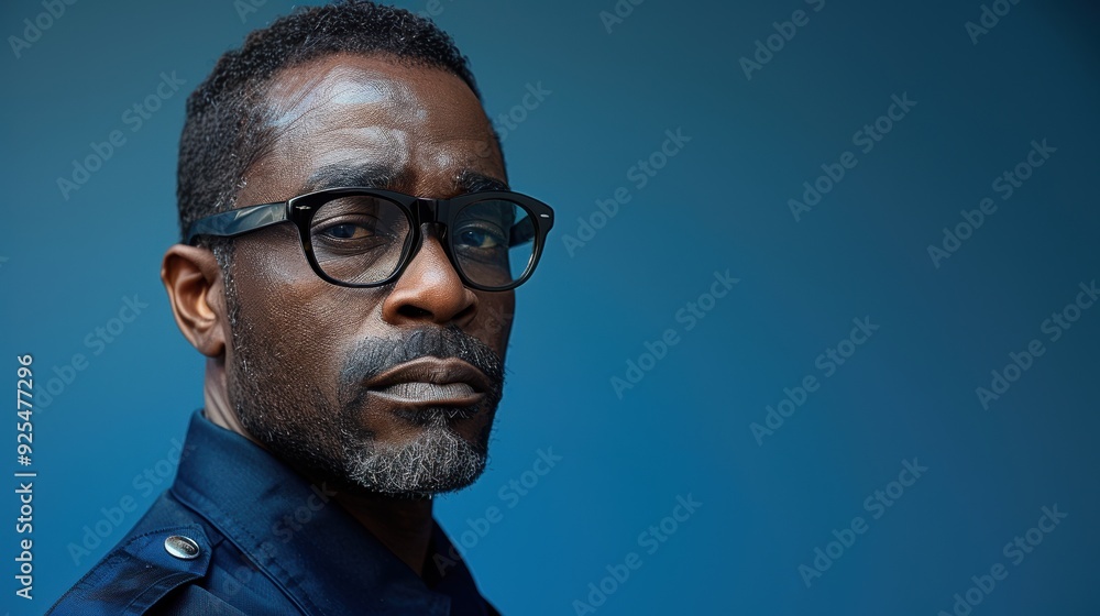 Fototapeta premium A man in glasses with a serious expression poses against a blue background in an indoor setting