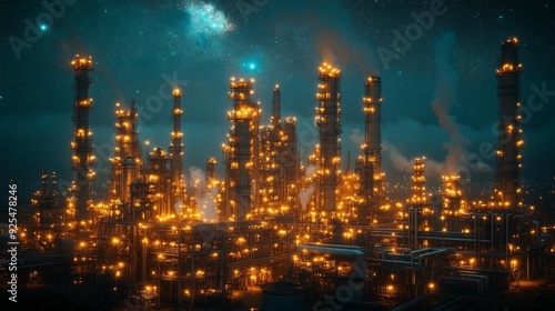 Illuminated industrial complex at night - generative ai