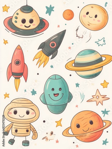 Cute, colorful illustration of various space-themed characters and planets for a fun and educational look at our solar system.