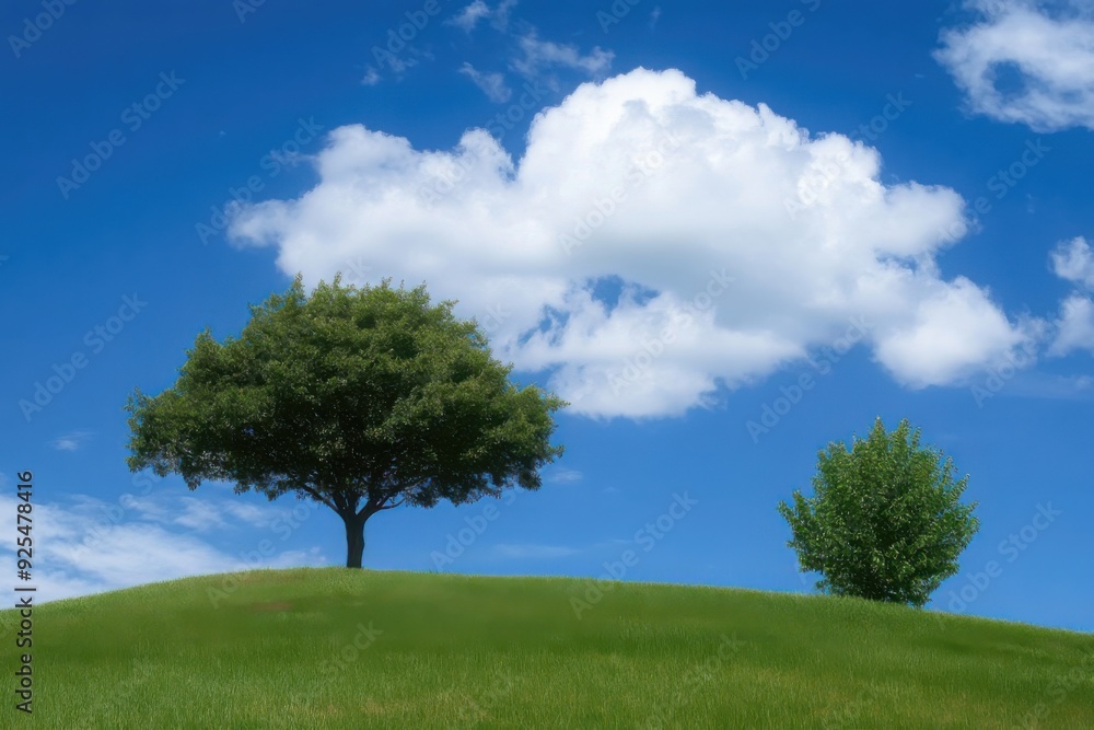 A serene landscape featuring a lone tree and a sapling on a grassy hill under a bright blue sky with fluffy clouds. A serene landscape featuring a lone tree and a sapling on a grassy hill under a bright blue sky with fluffy clouds.
