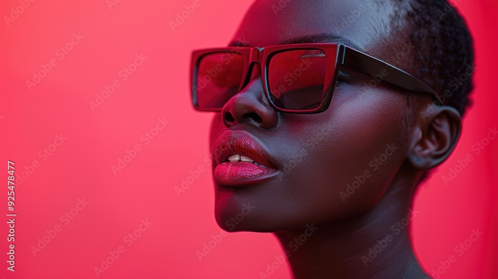 Woman with short hair and dramatic makeup poses against a vibrant red background, showcasing stylish sunglasses Woman with short hair and dramatic makeup poses against a vibrant red background, showcasing stylish sunglasses