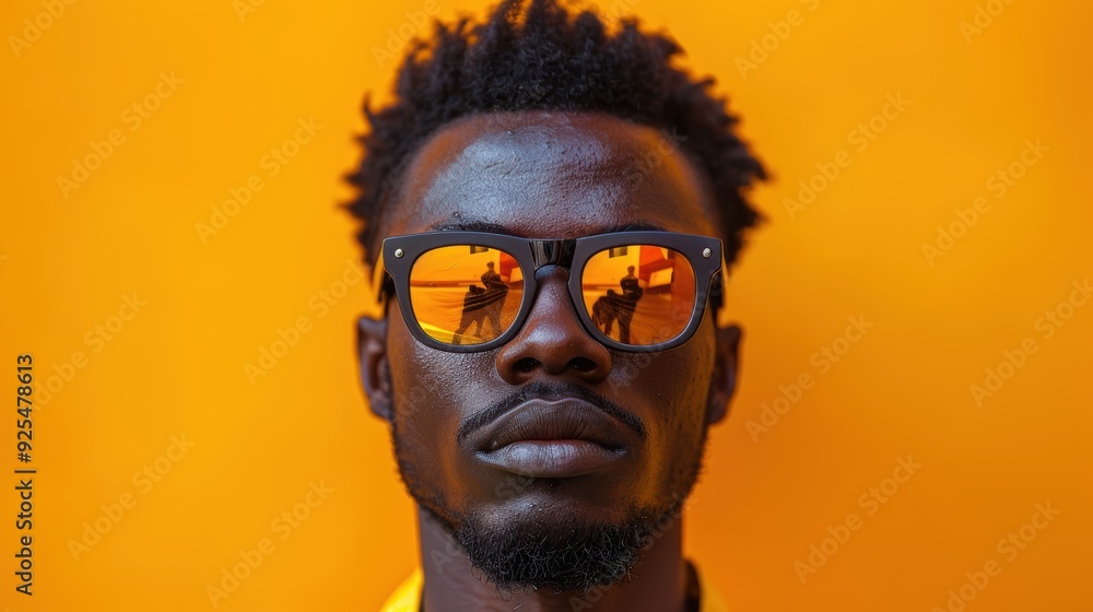 A young man poses confidently against a vibrant orange background, wearing reflective sunglasses A young man poses confidently against a vibrant orange background, wearing reflective sunglasses