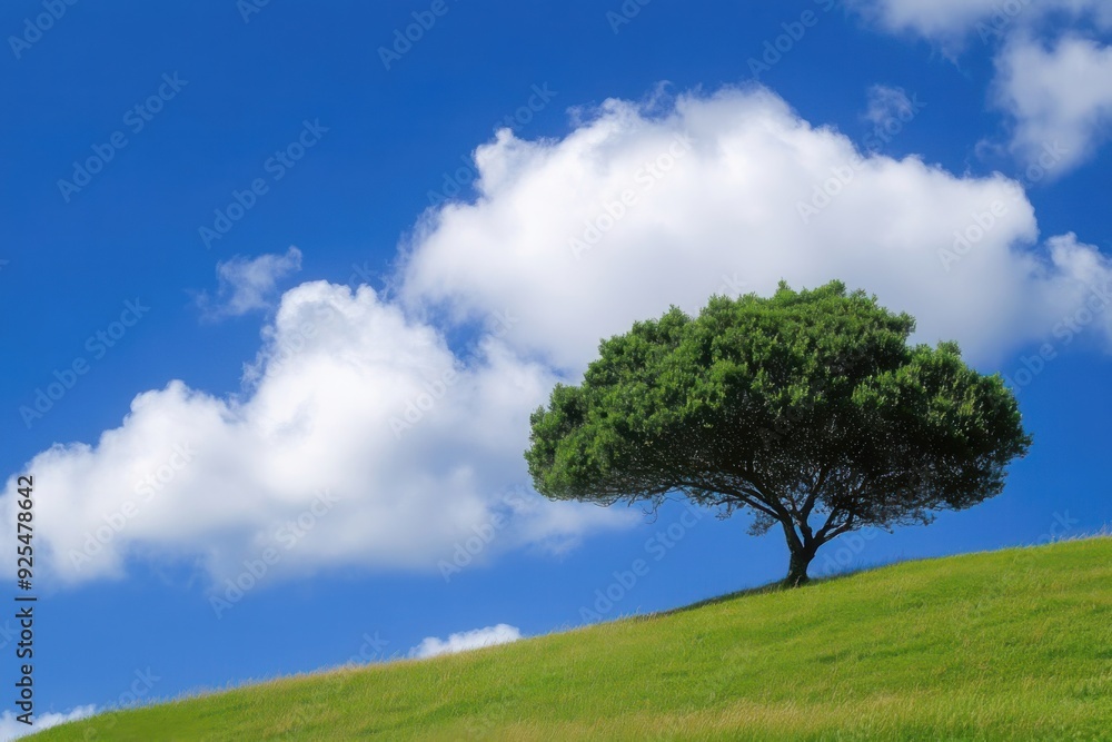 A single tree stands on a green hill under a bright blue sky with fluffy white clouds. A single tree stands on a green hill under a bright blue sky with fluffy white clouds.
