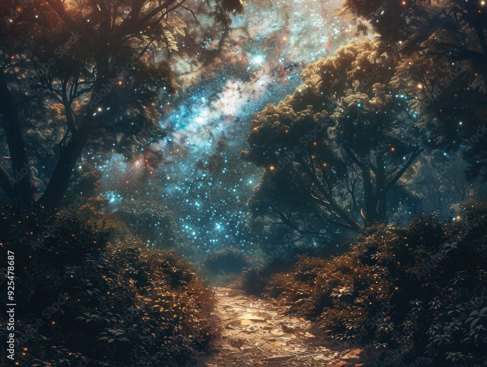 Obraz premium A mystical forest path under a starry night sky