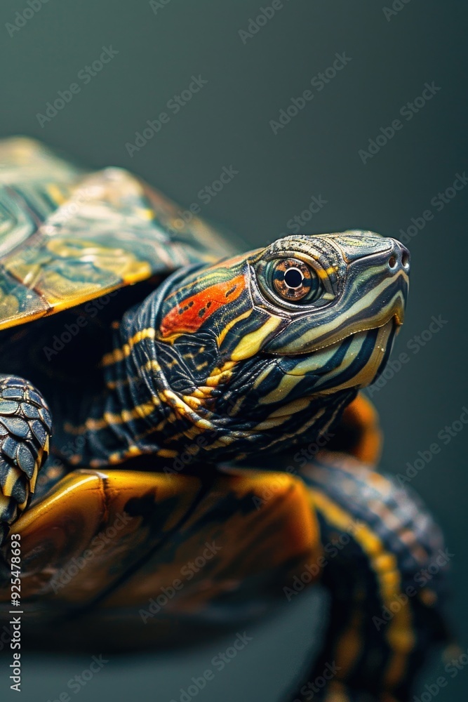 Red-Eared Turtle, a small turtle with reddish skin patches on its neck and limbs. Red-Eared Turtle, a small turtle with reddish skin patches on its neck and limbs.