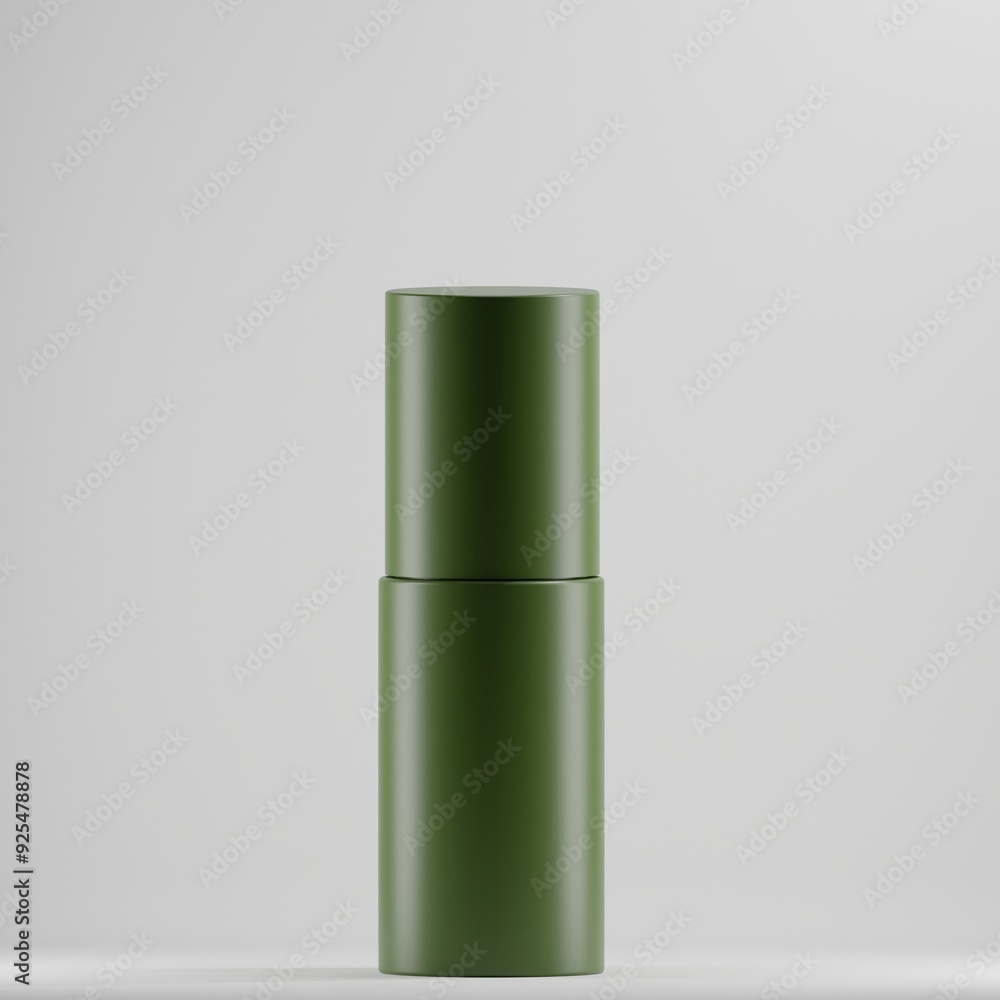 A mockup of an open, cylindrical plastic bottle in a vibrant green color. The bottle is divided into two parts, with one section slightly shorter than the other. It stands upright on a plain surface A mockup of an open, cylindrical plastic bottle in a vibrant green color. The bottle is divided into two parts, with one section slightly shorter than the other. It stands upright on a plain surface