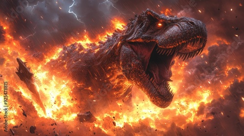 Fototapeta Naklejka Na Ścianę i Meble -  Giant dinosaur erupting from fiery lava - generative ai