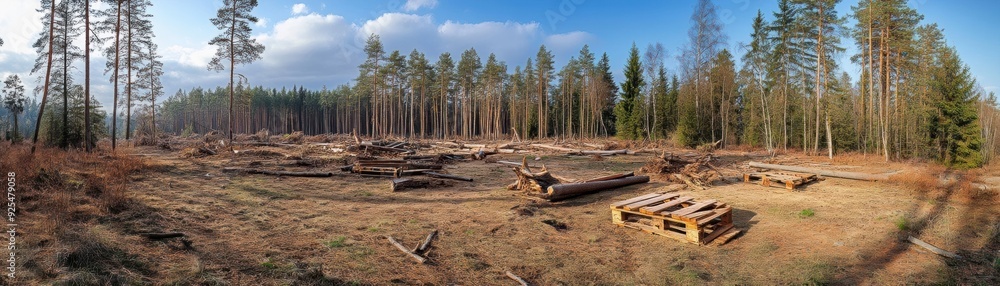 A wide view of a deforested area with wooden pallets and scattered logs on a clear day. A wide view of a deforested area with wooden pallets and scattered logs on a clear day.
