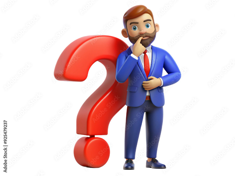 Confused 3d cartoon character businessman with question mark. Confused 3d cartoon character businessman with question mark.