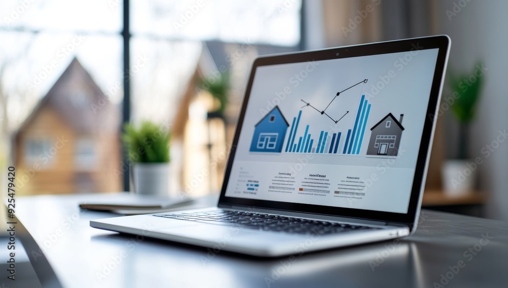 Laptop on Table Showing Real Estate Website Photos and Graphs Elegant Home Interior Large Windows Sunny Garden Laptop on Table Showing Real Estate Website Photos and Graphs Elegant Home Interior Large Windows Sunny Garden