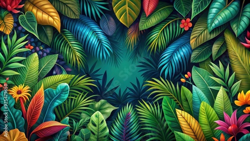 Exotic floral jungle pattern with lush leaves and colorful trees , jungle, leaves, exotic, floral, pattern, colorful