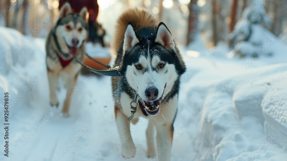 Two sled dogs pulling a single sled in a snowy landscape. The dogs are huskies and appear well-suited for the winter environment. Two sled dogs pulling a single sled in a snowy landscape. The dogs are huskies and appear well-suited for the winter environment.