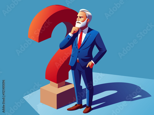 Confused 3d cartoon character businessman with question mark.