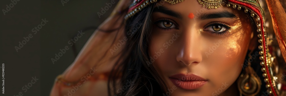 Fototapeta premium A close-up of a woman in traditional attire with rich golden makeup standing gracefully, accentuated details and captivating gaze.