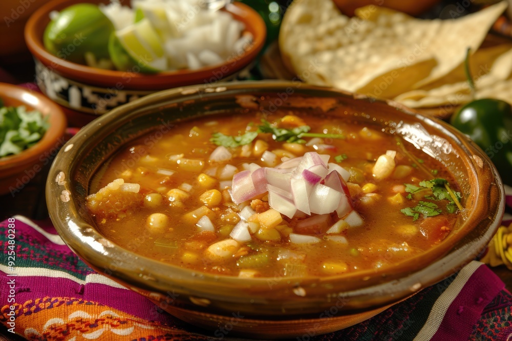A delicious bowl of corn chowder, with pinto beans and spices for a warm and hearty meal. Garnished with fresh herbs and served in a traditional ceramic dish.