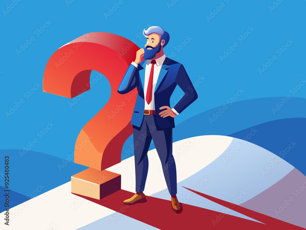 Obraz premium Confused 3d cartoon character businessman with question mark.