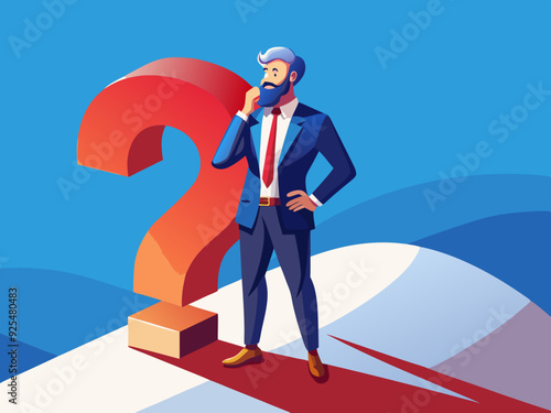 Confused 3d cartoon character businessman with question mark.