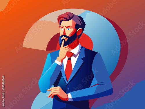 Confused 3d cartoon character businessman with question mark.