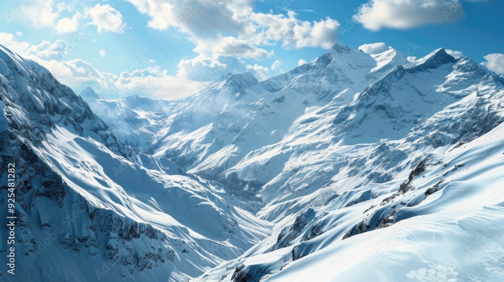 Fototapeta premium Mountain range with white snow, clear blue sky