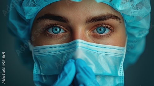 Medical professional with blue eyes wearing protective gear during a healthcare shift in a clinical environment