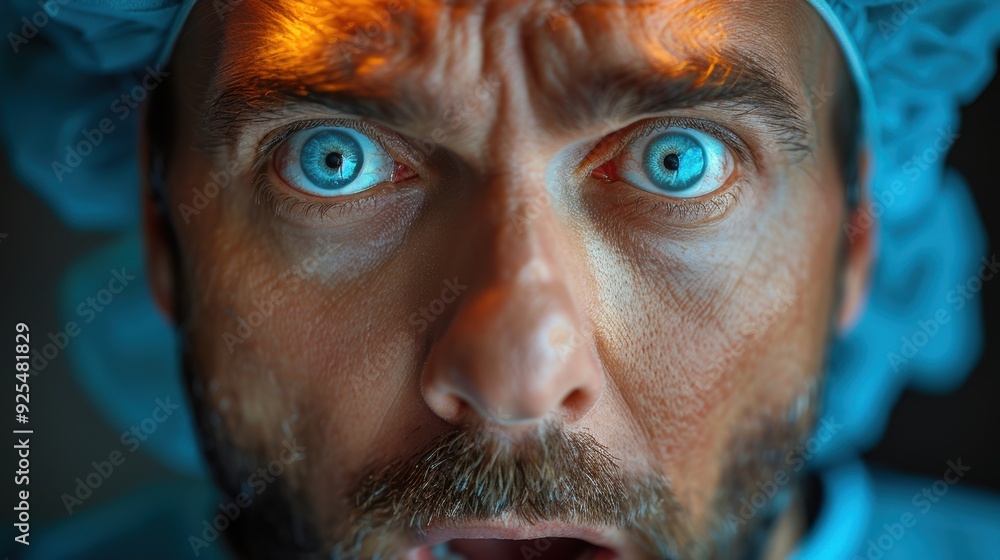 A surprised medical professional with striking blue eyes in a surgical cap and scrubs expressing shock during a procedure A surprised medical professional with striking blue eyes in a surgical cap and scrubs expressing shock during a procedure