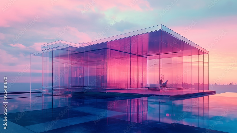 Modern glass house reflecting sunset colors over a tranquil pool in a serene location Modern glass house reflecting sunset colors over a tranquil pool in a serene location
