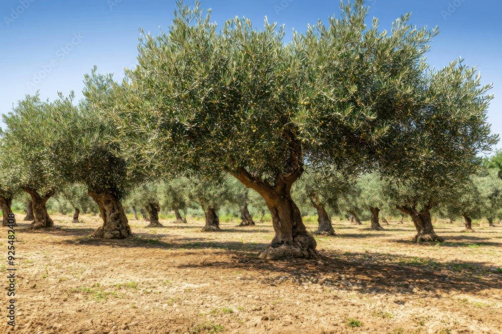 A picturesque olive tree plantation on a bright sunny day, showcasing the lush green trees and the dry, earthy ground.