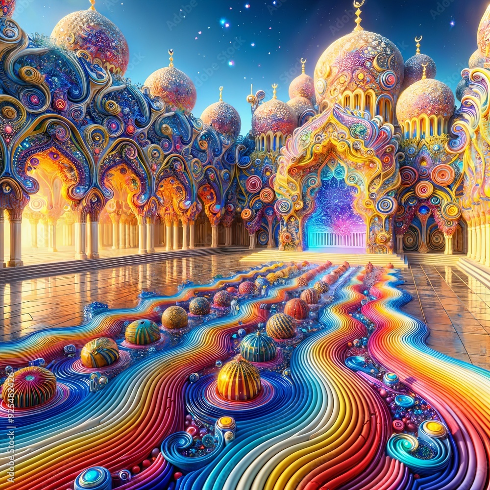 Obraz premium A vibrant, fantastical scene featuring a palace with ornate domes and arches adorned with colorful, swirling patterns. The ground is lined with rainbow-like streams and spherical objects, (Gen, A.I.)
