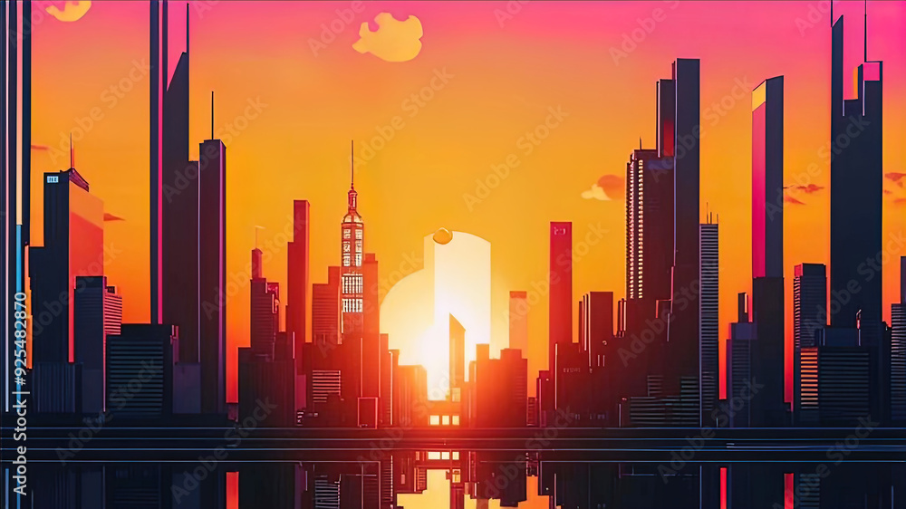 Background of skyscrapers at sunset or sunrise, perspective graphic painting of buildings - architectural illustration for financial, corporate and business brochure template, Background of skyscrapers at sunset or sunrise, perspective graphic painting of buildings - architectural illustration for financial, corporate and business brochure template,